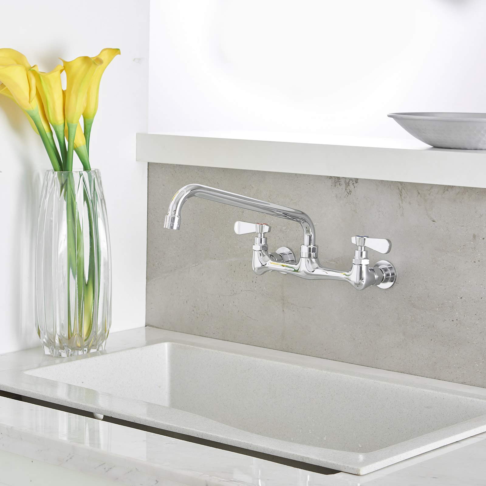 Kitchen Faucet Wall Mount With 12 Inch Swivel Spout 8'' Center Commercial Sink 2-Handle No Lead Faucet Mixer Tap Polish Chrome